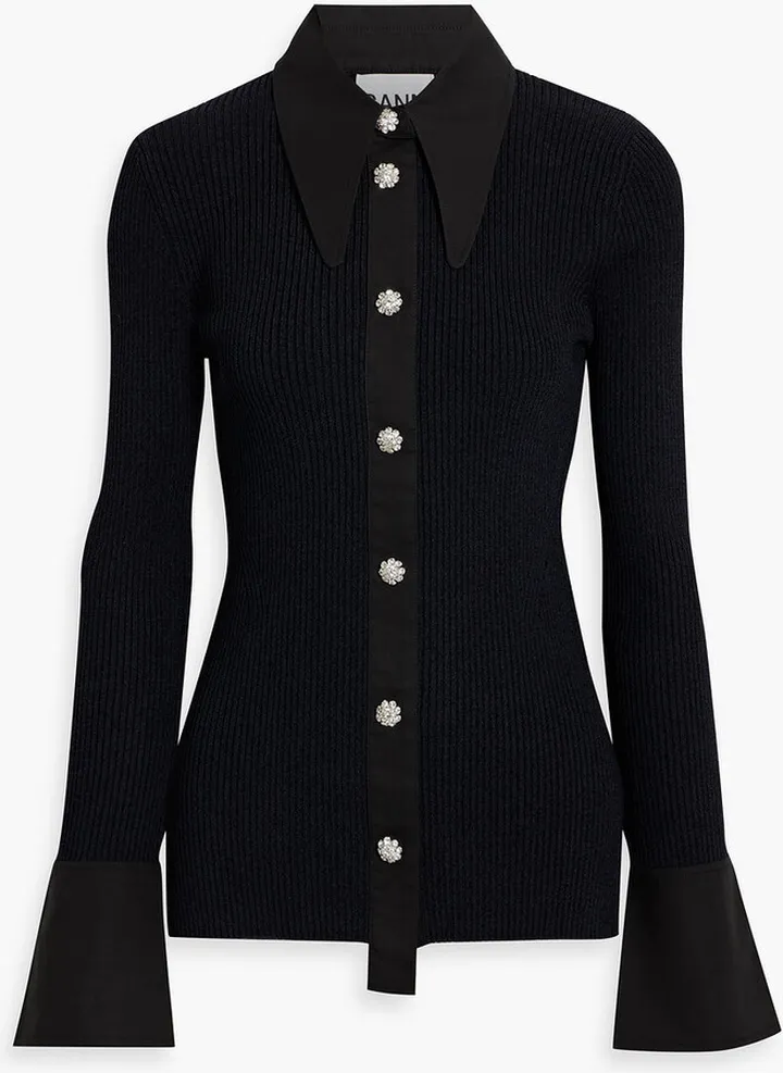 Poplin-trimmed ribbed-knit cardigan