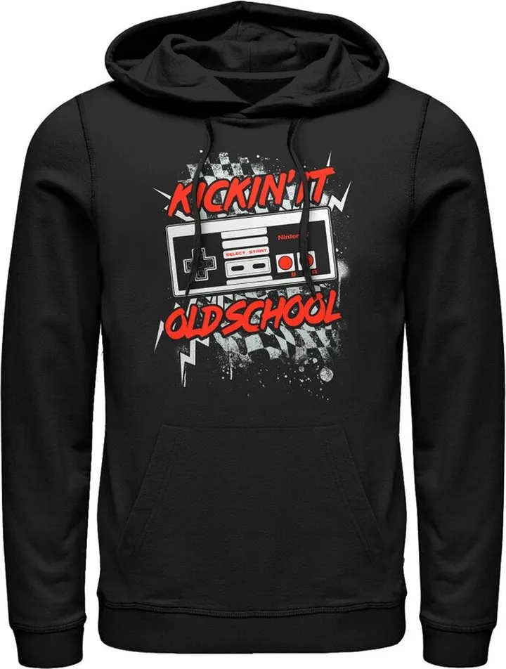 Men's Nintendo Kickin' It Old School NES Controller Splatter Pull Over Hoodie - Black - Small