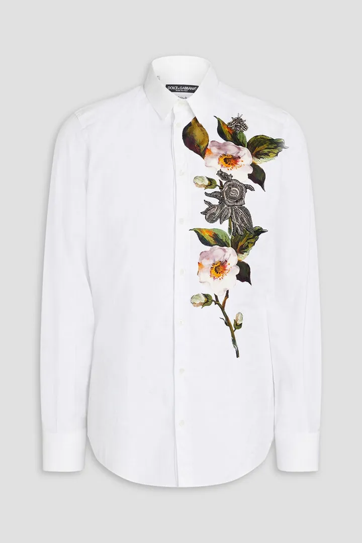 Embellished floral-print cotton-poplin shirt