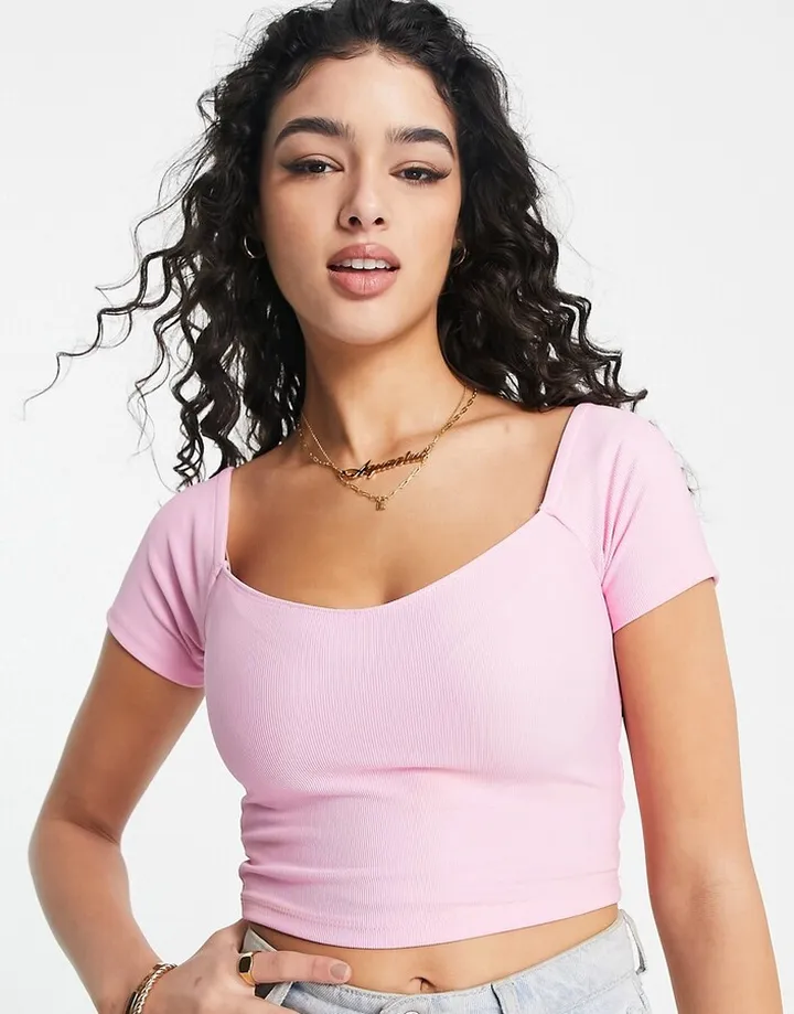 Stradivarius sweetheart neck short sleeve top in pink