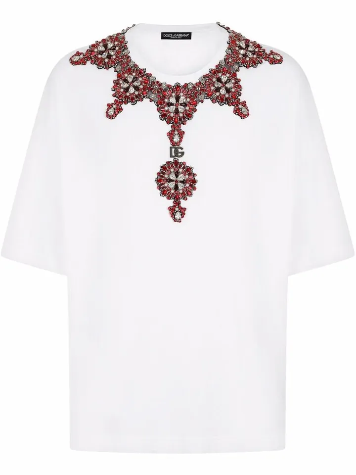 rhinestone-embellished logo-patch T-shirt