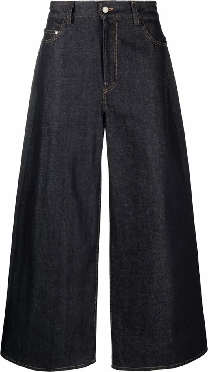Wide-Leg Contrast-Stitch Long Jeans