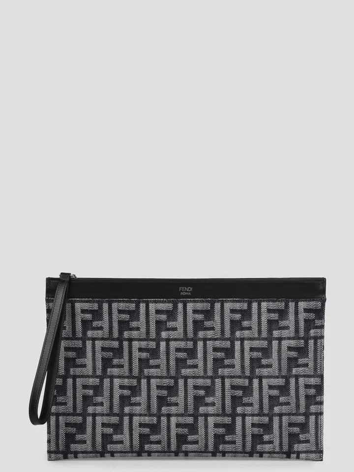 Fendi flat pouch in blue denim with jacquard FF motif.