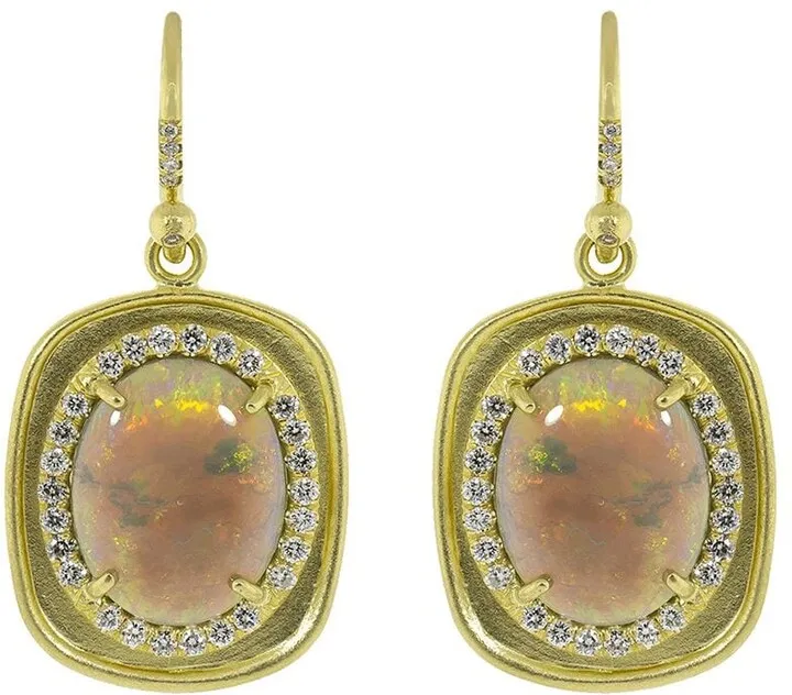 18kt rose gold Lightning Ridge opal and diamond earrings