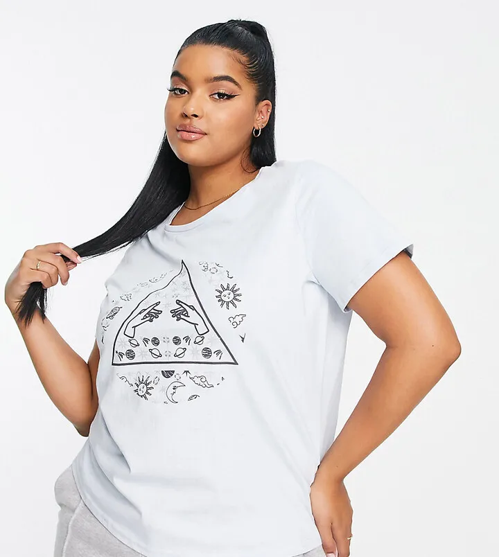 Simply Be celestial slogan t-shirt in light blue