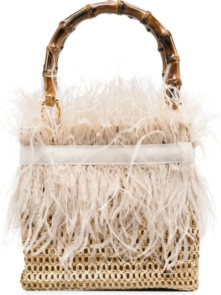 Feather-Detail Raffia Tote Bag