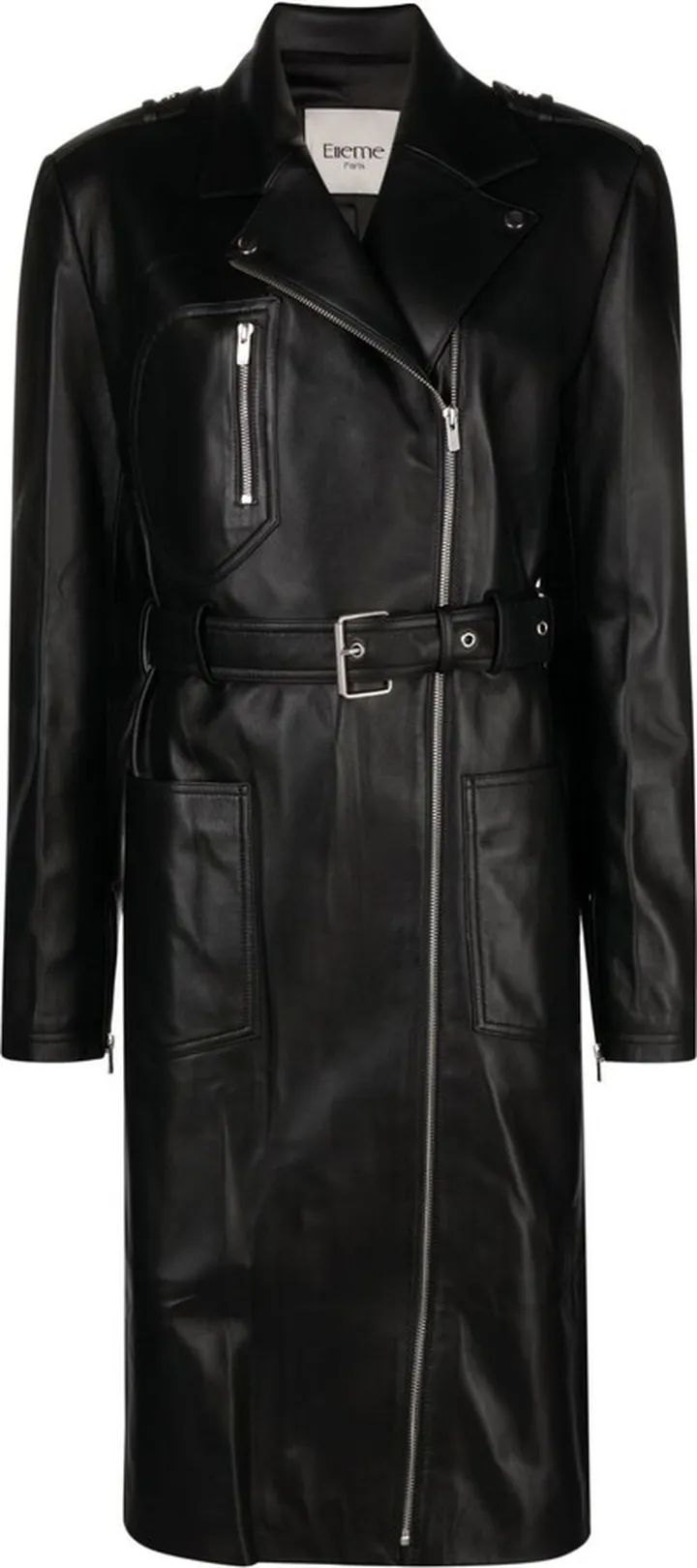 Black Belted Leather Biker Coat