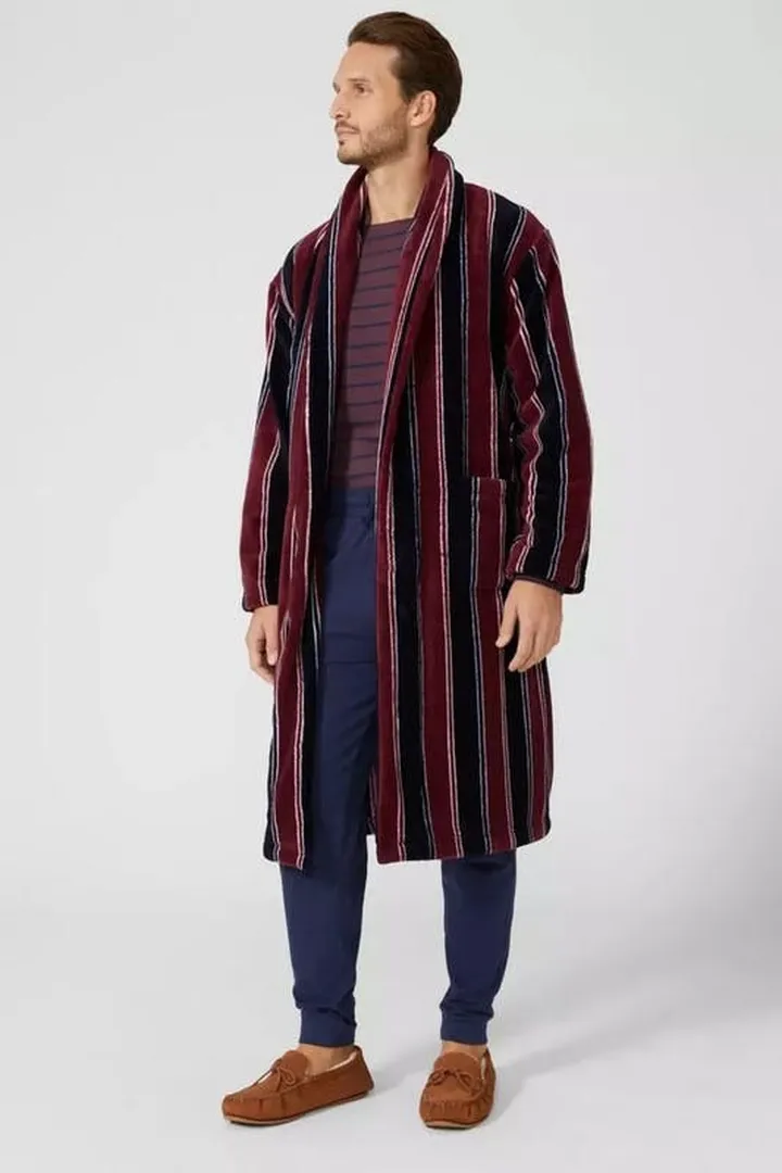 Debenhams Mens Stripe Fleece Shawl Collar Bathrobe - Red