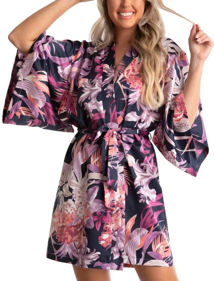 Linea Donatella Women's Mina Tropical Printed Satin Wrap Robe