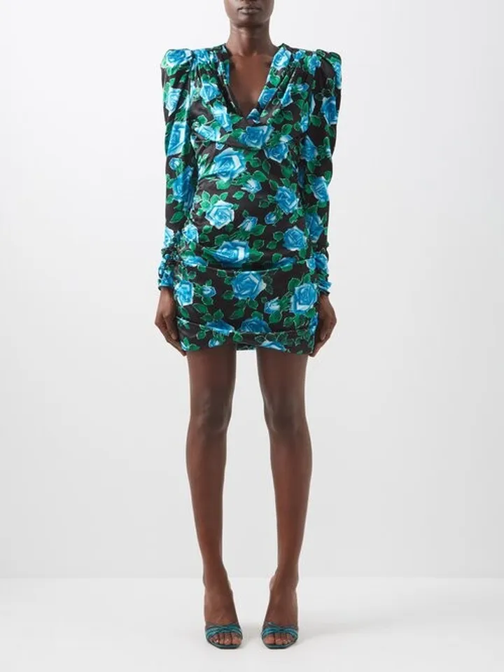 Cowl-neck Rose-print Silk-satin Dress