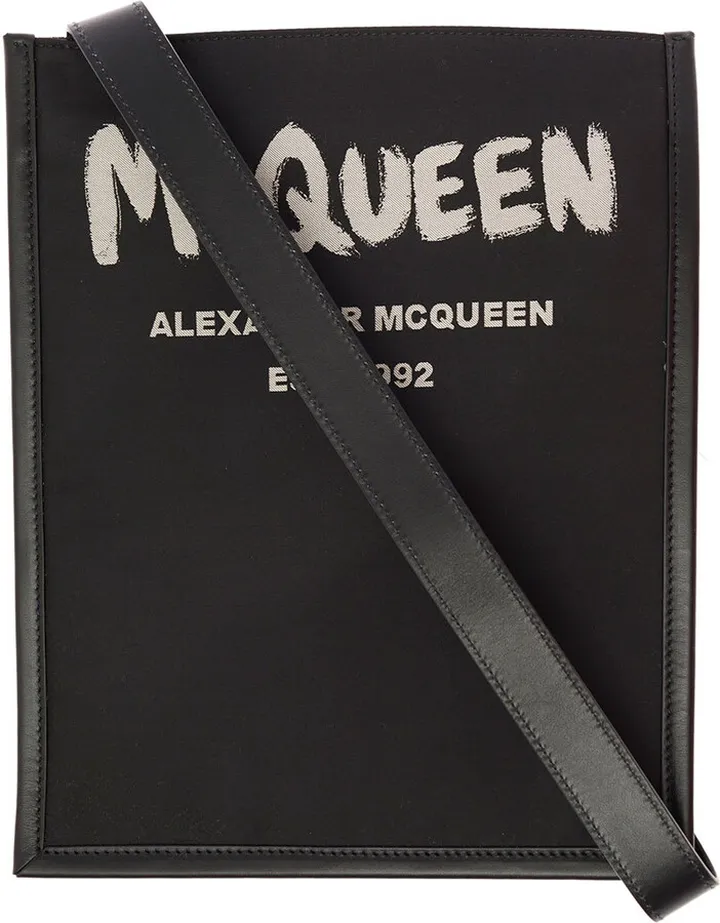 Alexander Mcqueen Man's Black Leather Crossbody Bag With Logo Print
