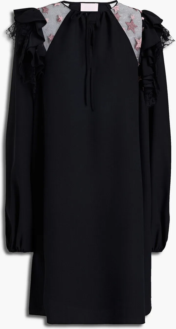 Embroidered tulle-paneled cady mini dress