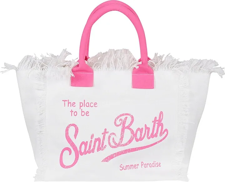 Bag with handles and zip closure Pocket inside Surrounded by fringe and decorated with an embroidered logo Colour: white