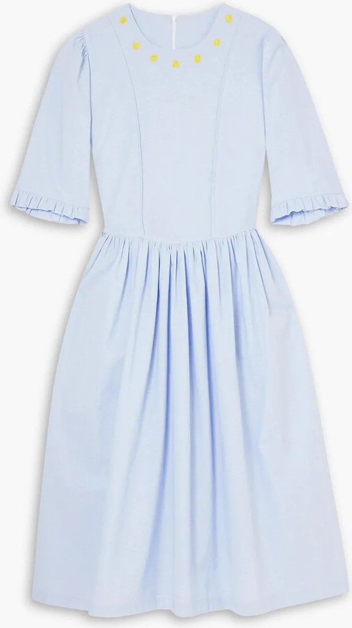 Vemon gathered embroidered cotton-chambray midi dress