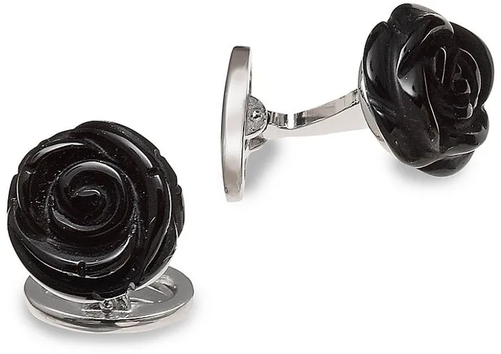 Black Onyx & Sterling Silver Carved Rose Cufflinks