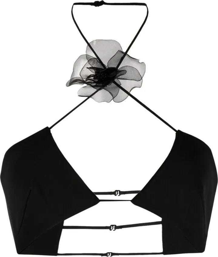 Floral-Appliqué Halterneck Cropped Top