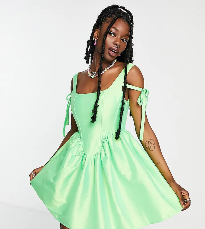 COLLUSION Corset detail mini dress with ties in green