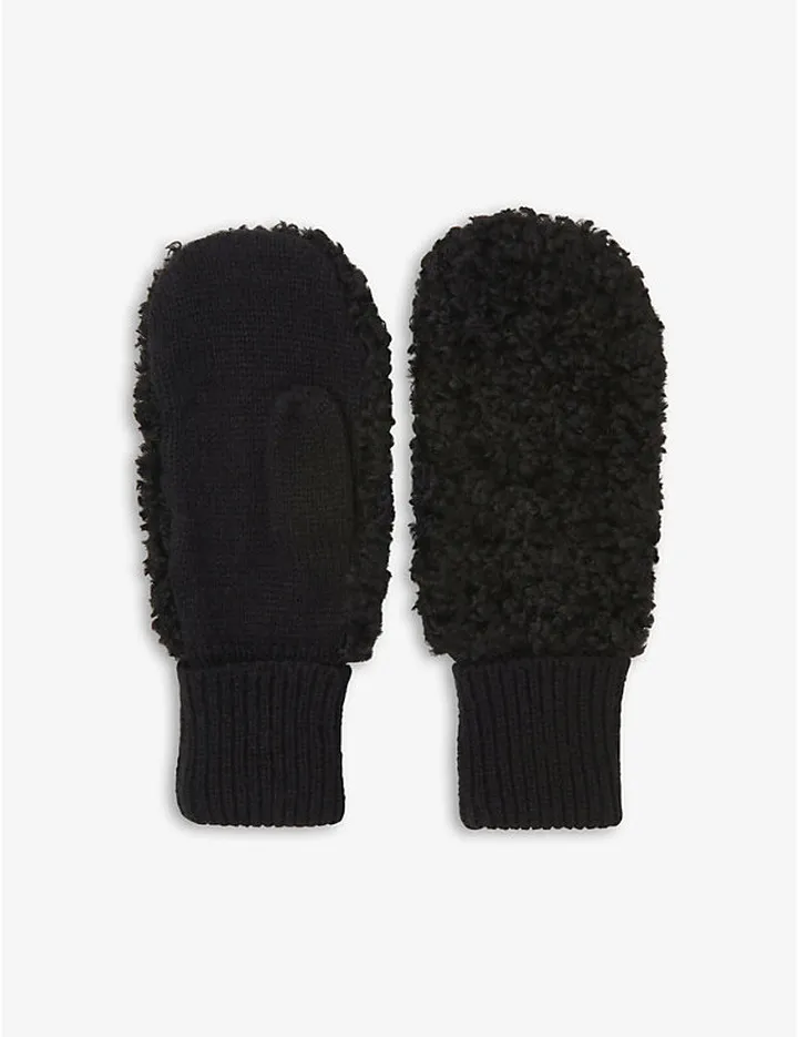 Womens Black Borg-panel Knitted Mittens