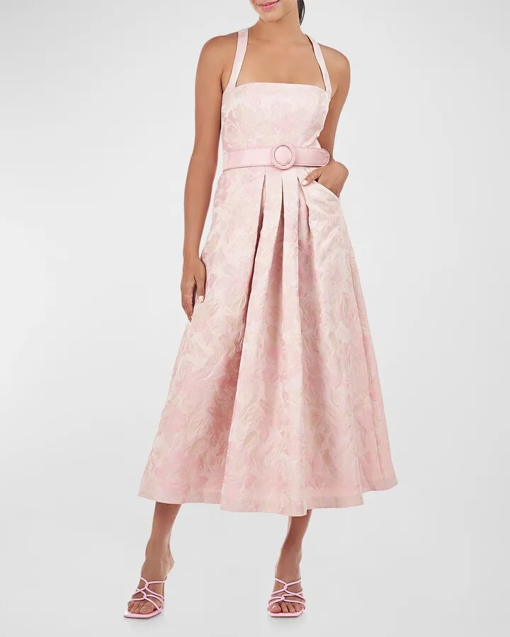 Morgana Pleated Square-Neck Jacquard Dress