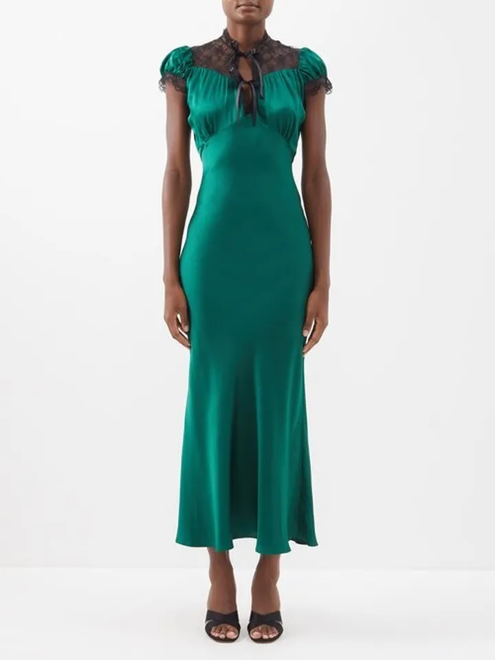 Puff-sleeve Lace-yoke Silk-satin Dress
