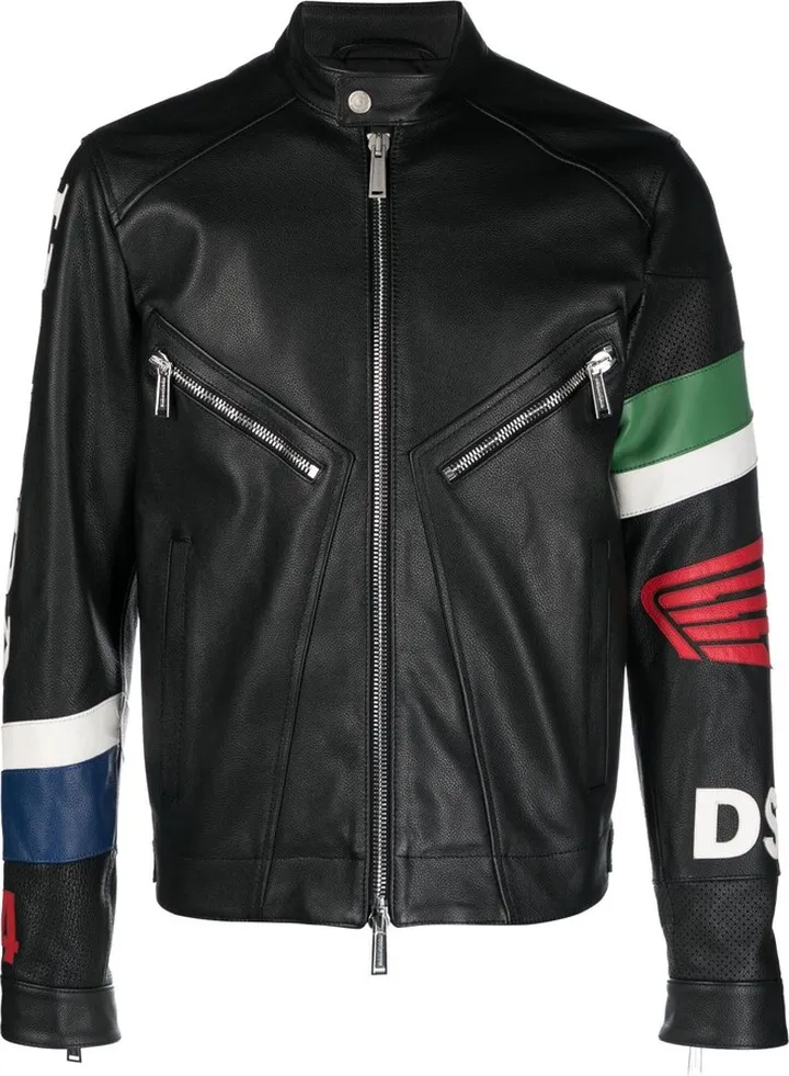 Logo-Patch Leather Biker Jacket
