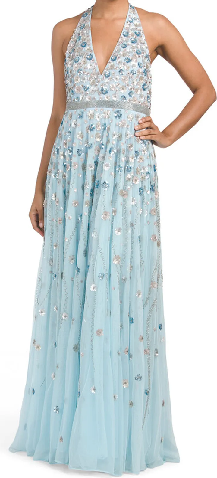 Cascading Floral V-neck Gown