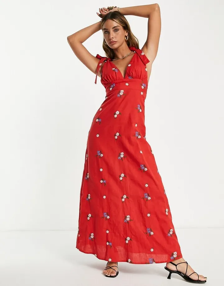ASOS DESIGN daisy embroidered tie strap maxi dress in red