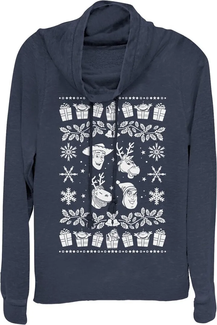Junior's Toy Story Ugly Christmas Toys Cowl Neck Sweatshirt - Navy Blue - X Small