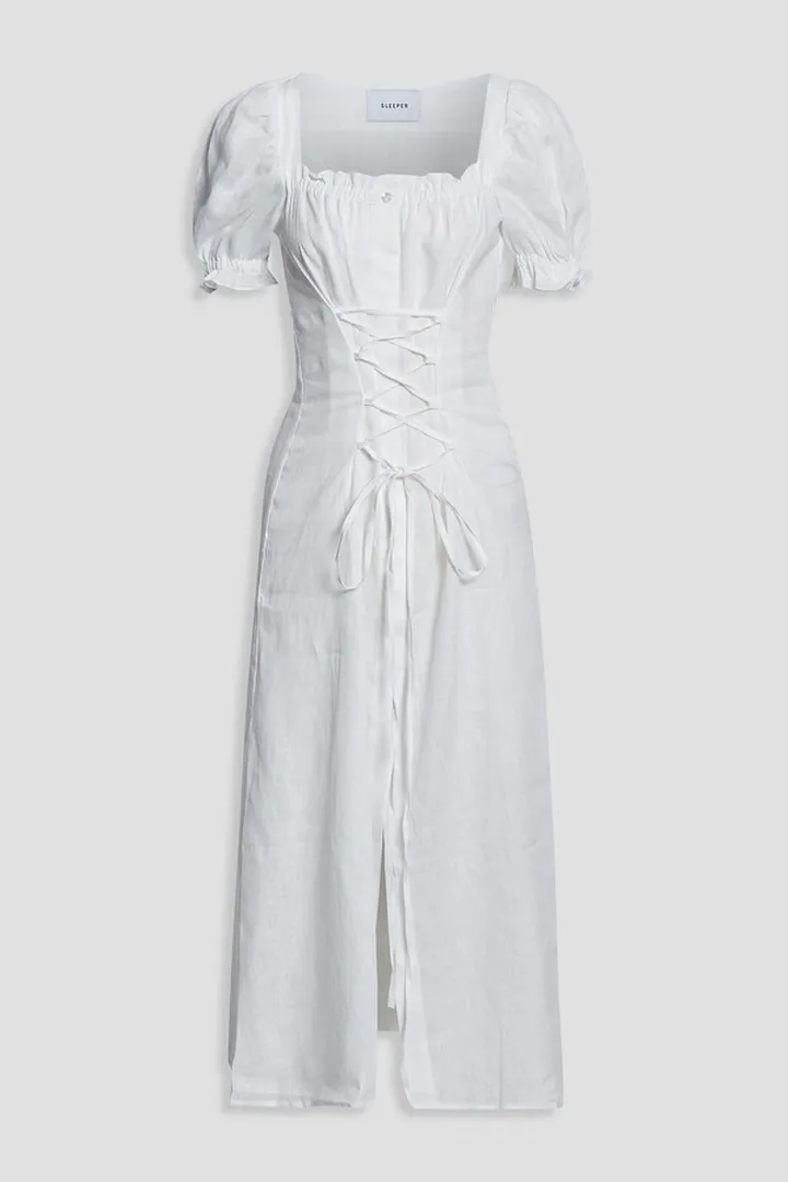 Lace-up linen midi dress