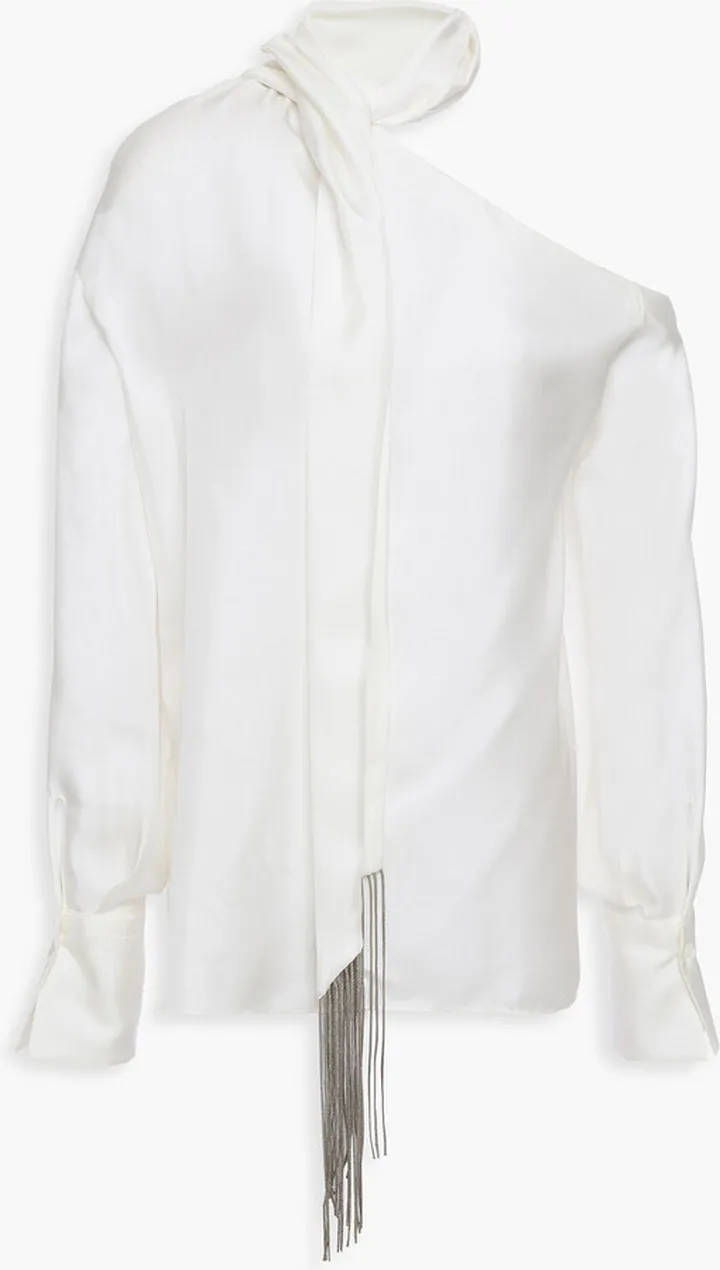 One-sleeve tie-neck fringed silk-twill top