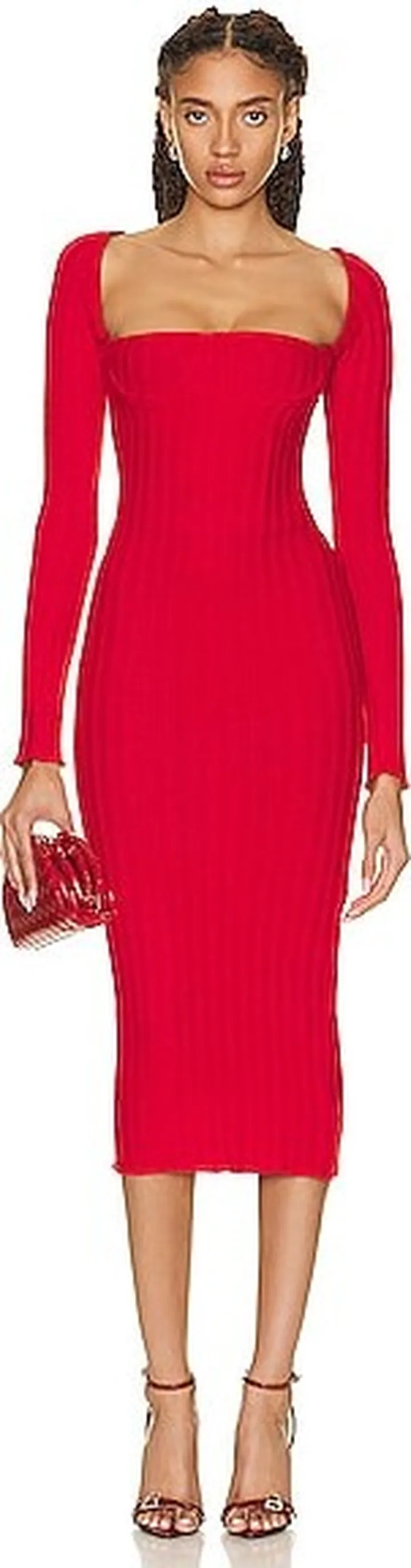 LaQuan Smith Off The Shoulder Midi Dress in Red