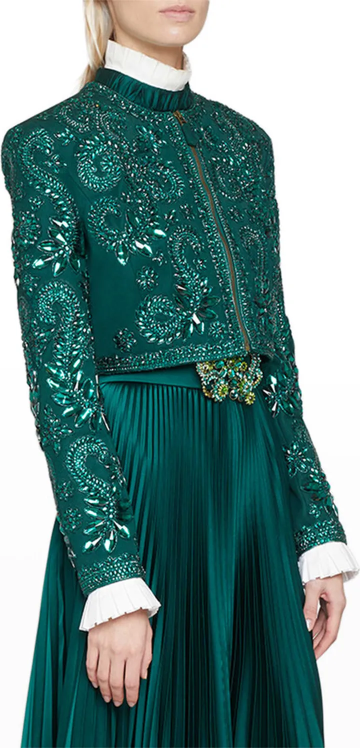 Crystal Embroidered Ruffle-Cuff Crop Jacket