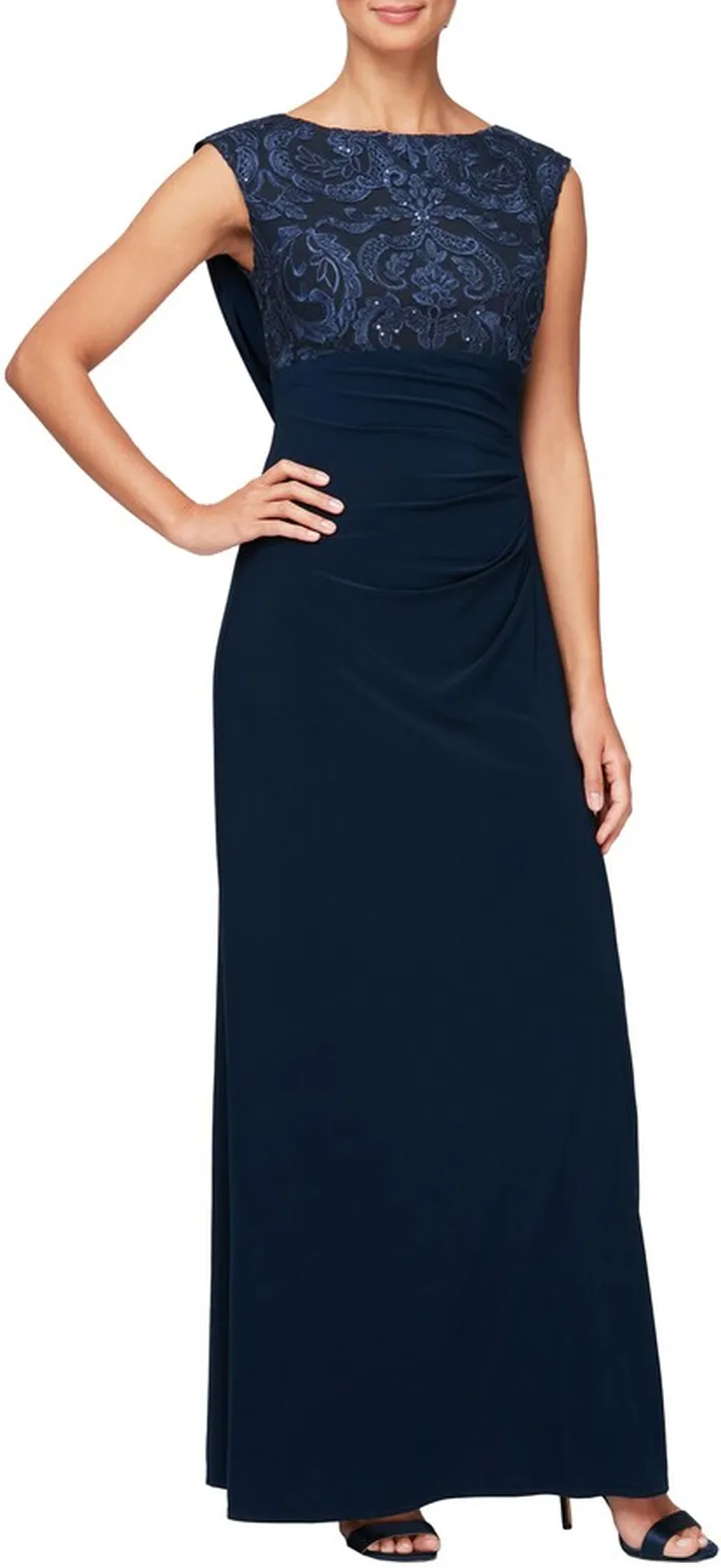 Sequin Floral Bodice Cowl Back Gown