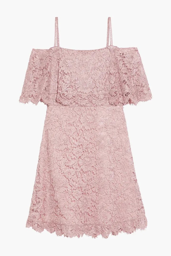 Cold-shoulder ruffled metallic corded lace mini dress