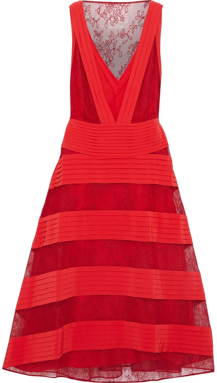 Paneled pintucked washed-silk and Chantilly lace midi dress