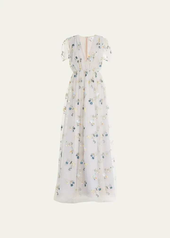 Floral-Embroidered Pleated Gown