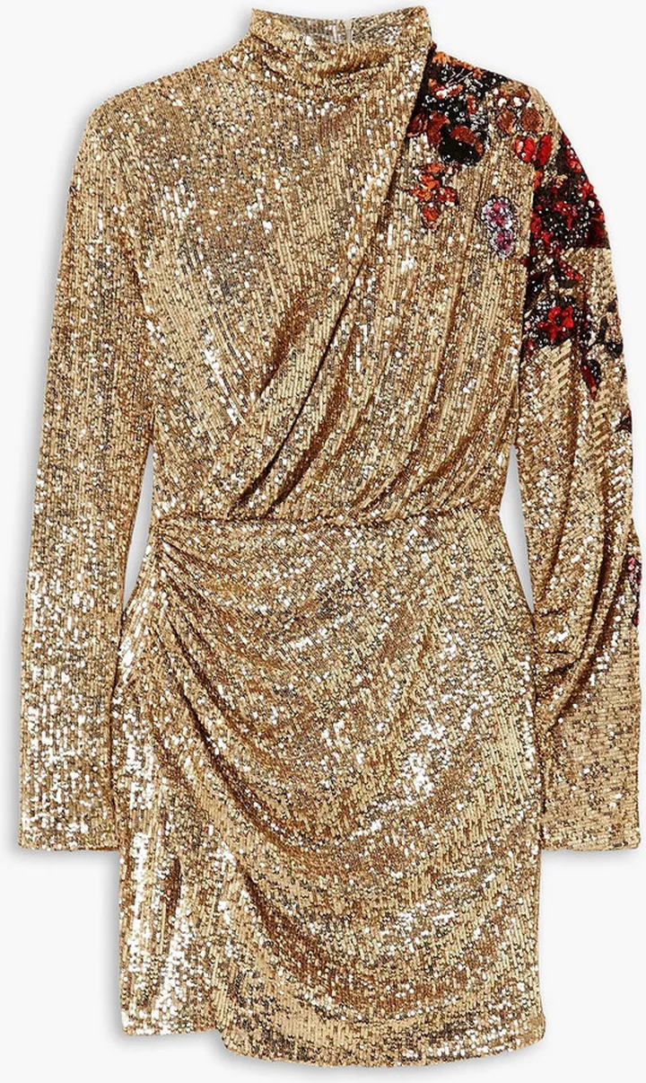 Draped sequined tulle turtleneck mini dress