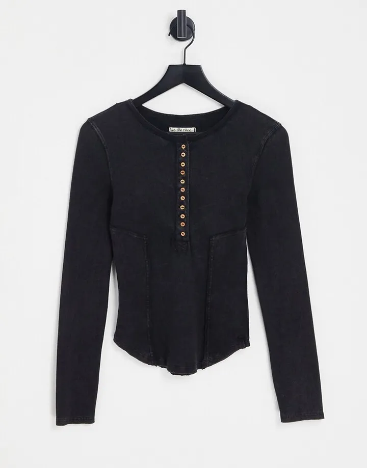 Free People Mareera henley long sleeve top in acid black