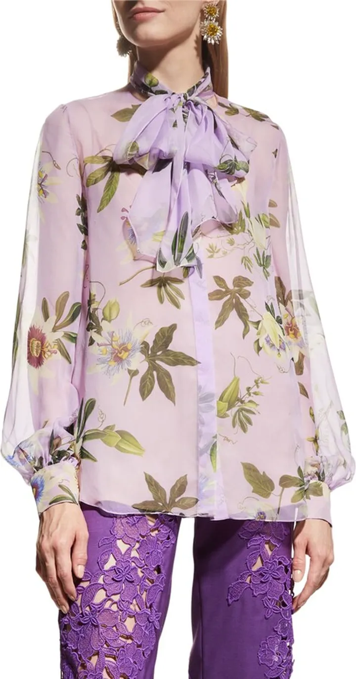 Passionflower Tie-Neck Chiffon Blouse