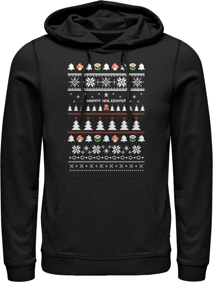 Men's Nintendo Ugly Mario Holiday Sweater Pull Over Hoodie - Black - X Large