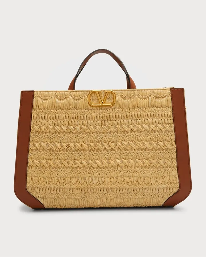 VLOGO Signature Raffia & Calfskin Tote Bag