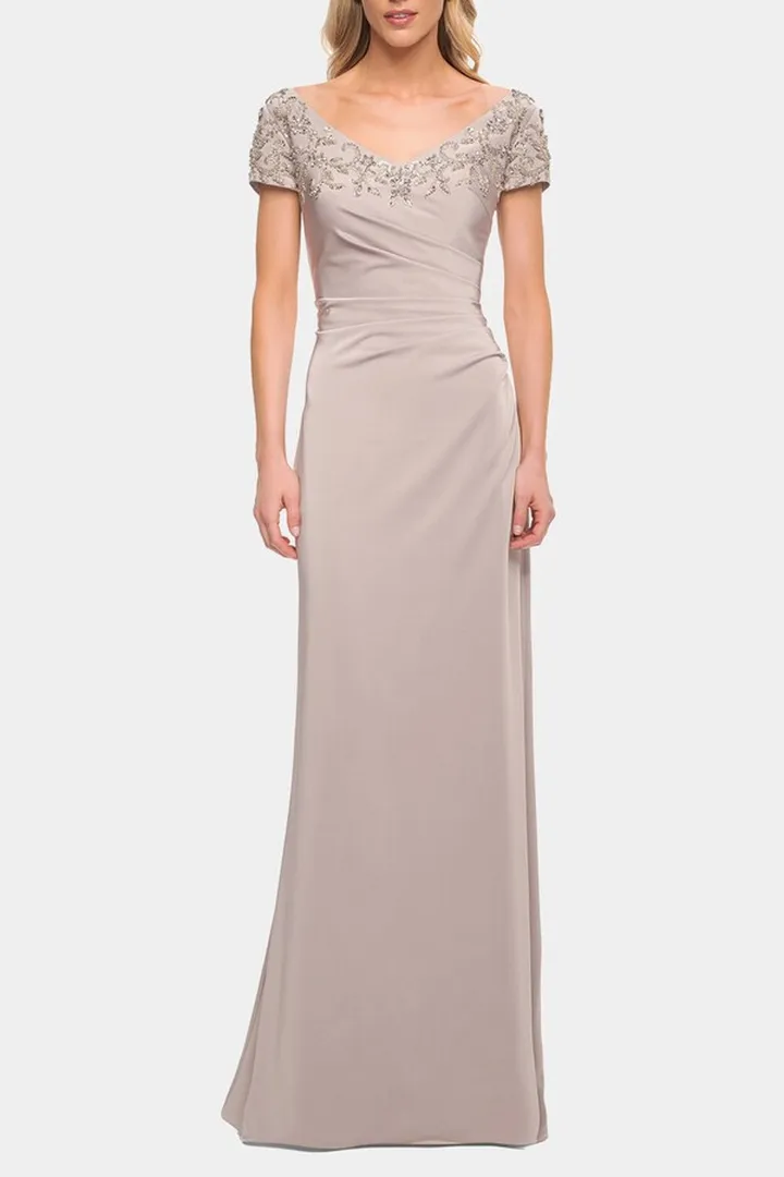 Short Sleeve Evening Dress Beaded Neckline