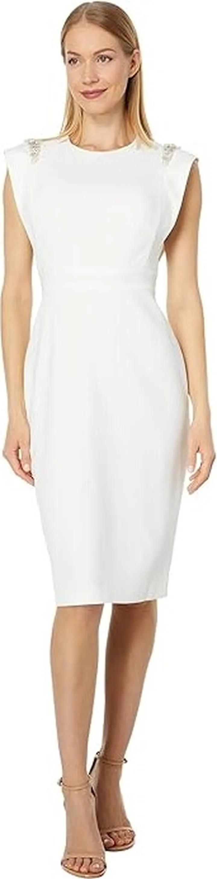 Vince Camuto Signature Stretch Crepe Extended Cap Sleeve Bodycon with Beaded Patch (Ivory) Women's Clothing