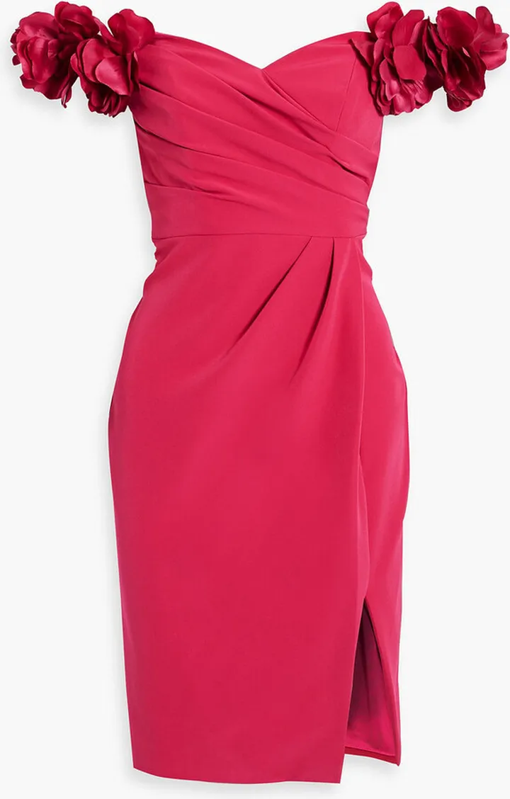 Off-the-shoulder appliquéd pleated crepe dress