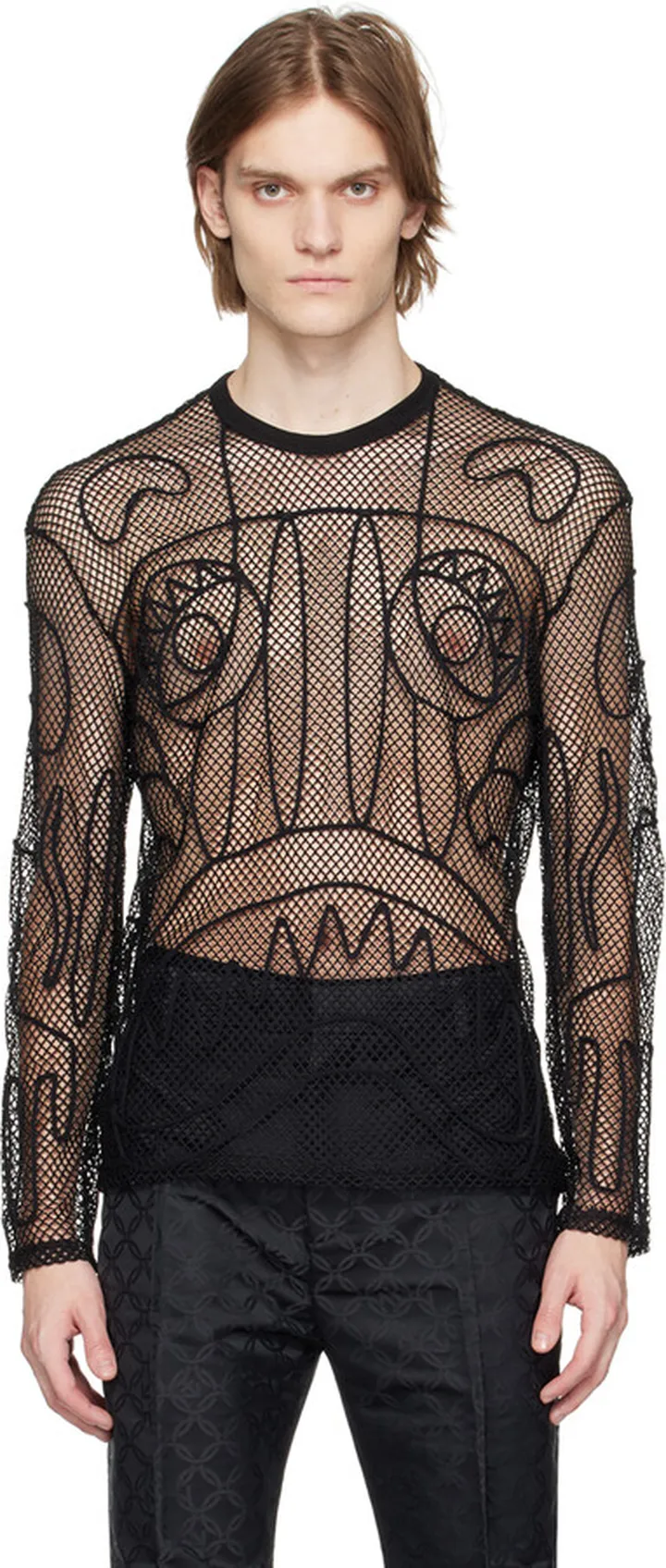 Charles Jeffrey Loverboy SSENSE Exclusive Black Graphic Net Long Sleeve T-Shirt