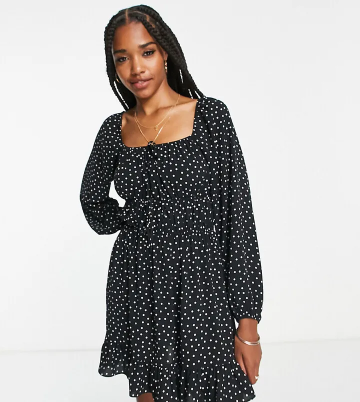 ASOS DESIGN Tall tie front long sleeve mini tea dress in black spot