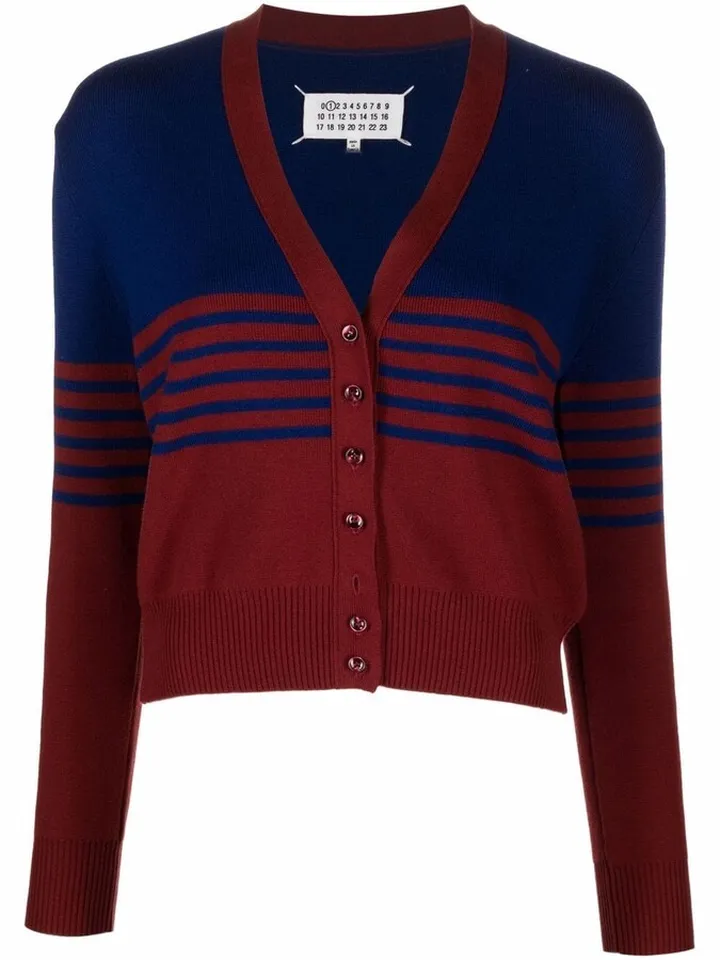 striped-knit V-neck cardigan