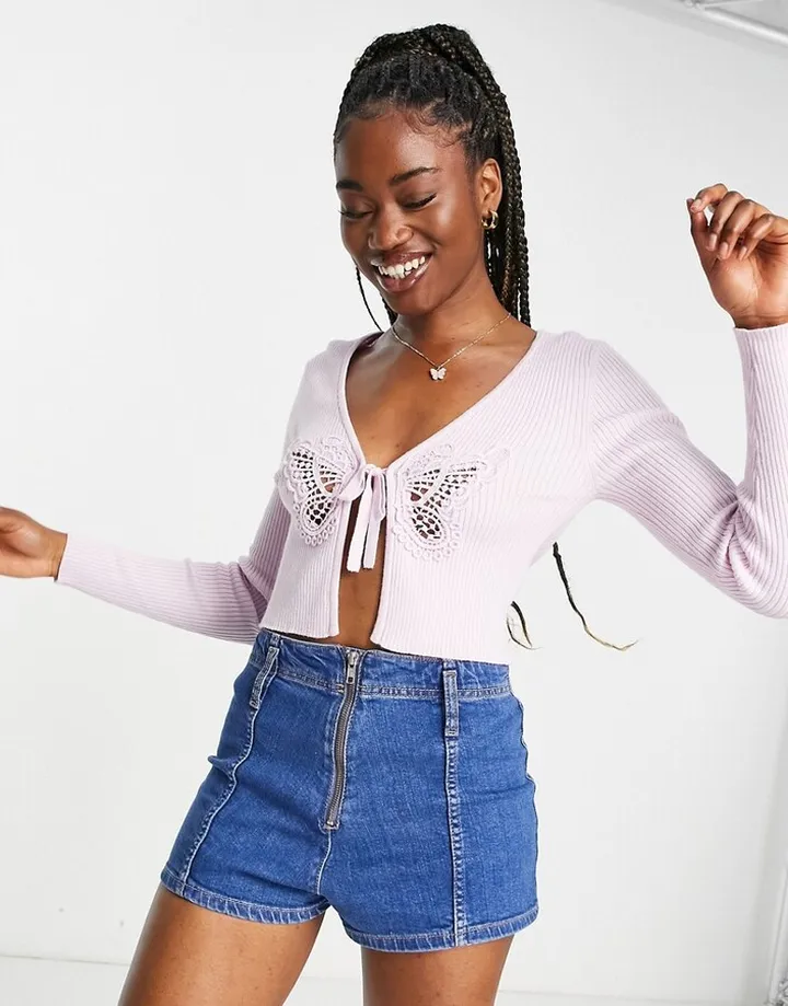 Miss Selfridge tie front cardi with butterfly trim in lilac