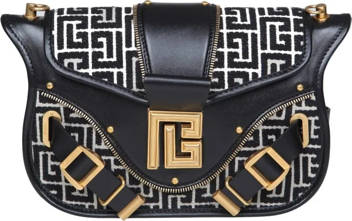 Balmain Shoulder Bag In Leather And Monogram Fabric