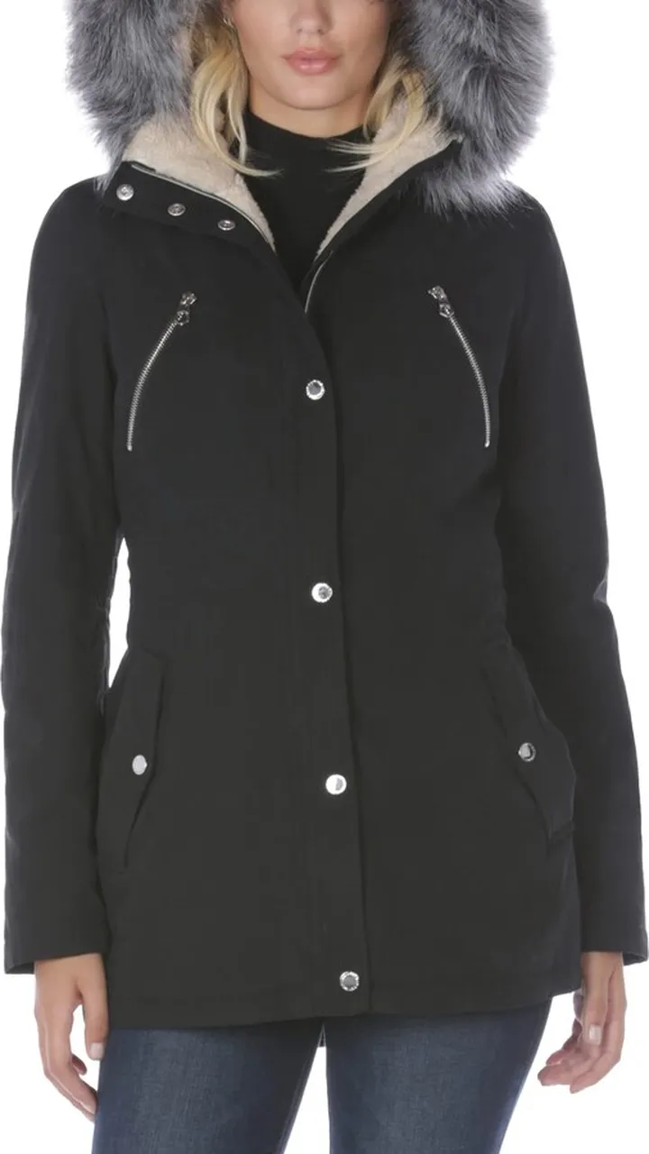 Nautica Women's Microfiber Parka Anorak Jacket with Faux Fur Hooded Trim